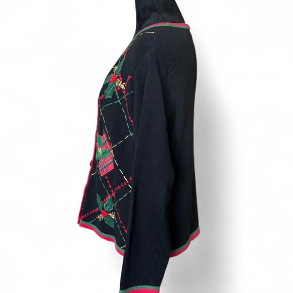 Basic Editions vintage Holiday Black Plaid Gift Embroidered Cardigan Sweater L - Picture 4 of 8